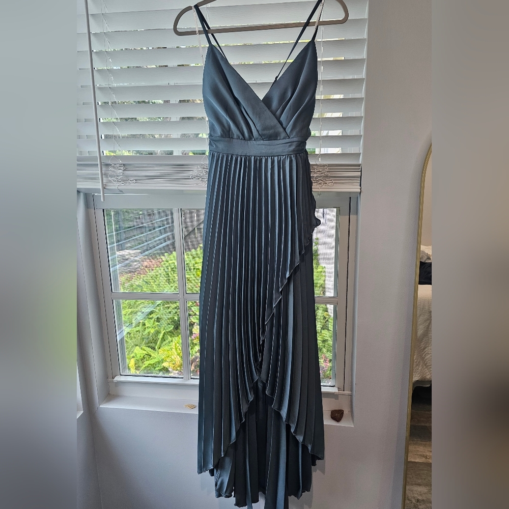 Lulu's Ultimate Charm Dark Sage Grey Satin High-Low Maxi Dress, NEW